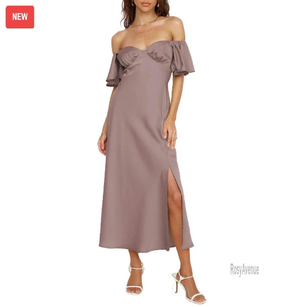 Satin Off Shoulder Midi Dress Butterfly Sleeve Formal Cocktail